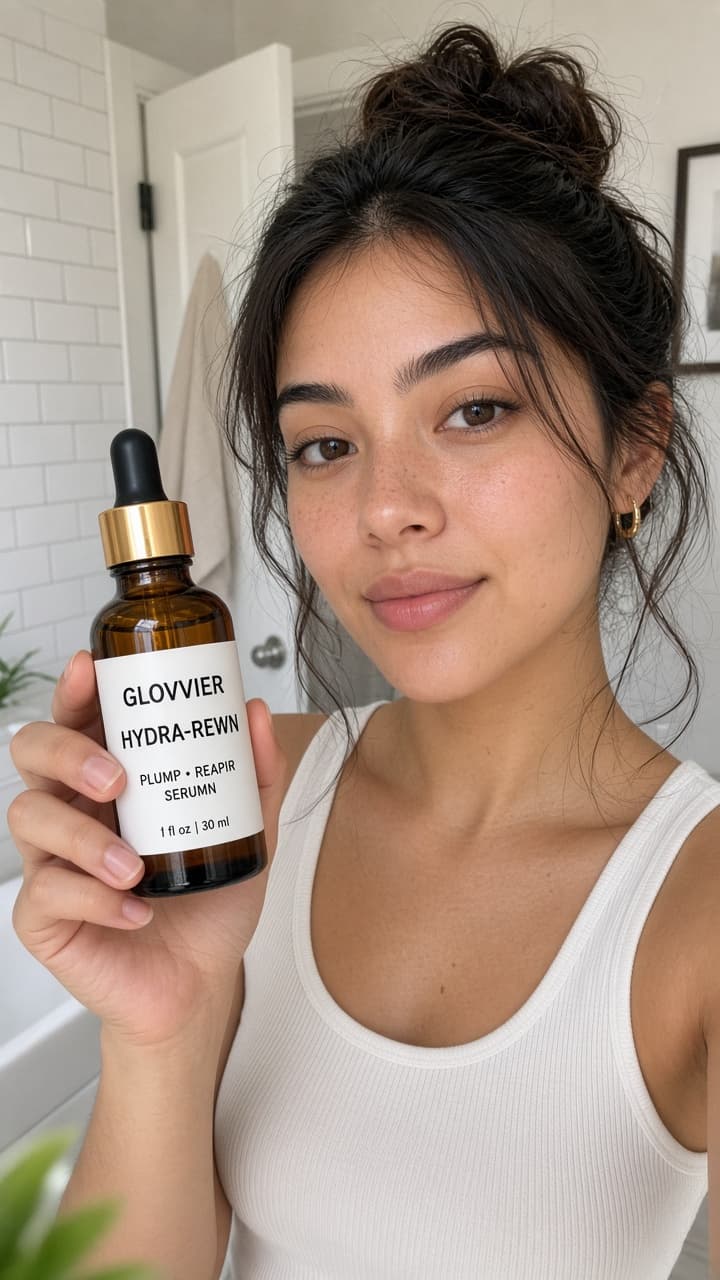 AI-generated UGC video frame showing a person holding a skincare serum bottle where the label text has drifted and become unclear
