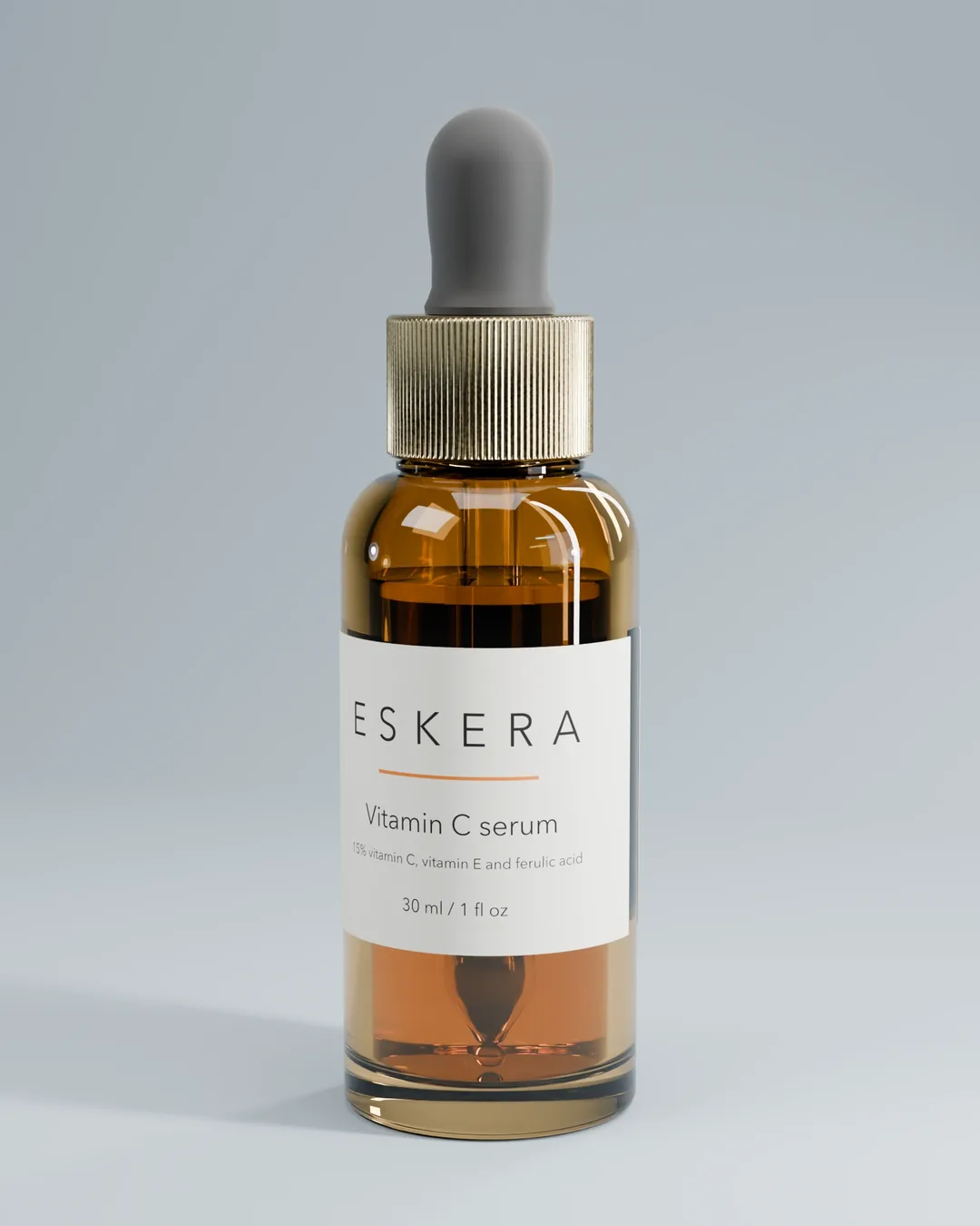 Clean 3D render of Eskera vitamin C serum bottle with perfectly crisp label text and consistent branding